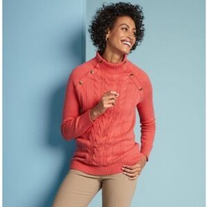 Talbots Coral Mock Neck Cable Knit Button Shoulder Sweater Size S